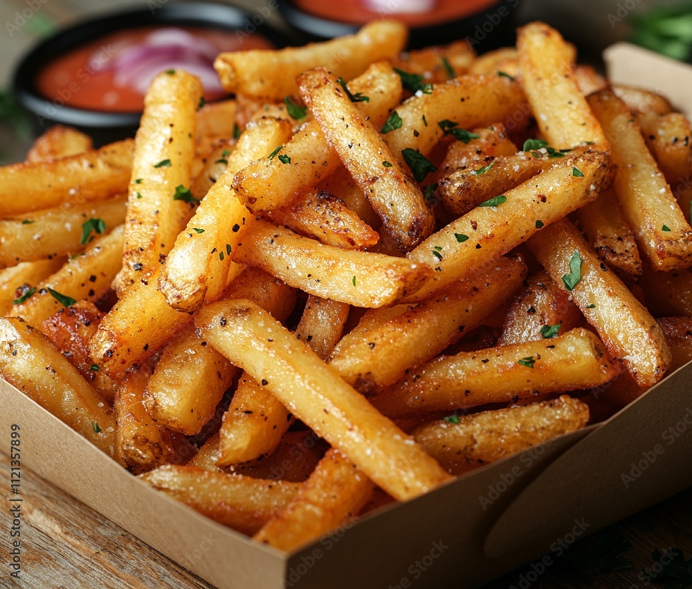 Crispy golden french fries seasoned with herbs and spices, served in a cardboard box. A delicious, savory snack! Crispy golden french fries seasoned with herbs and spices, served in a cardboard box. A delicious, savory snack!