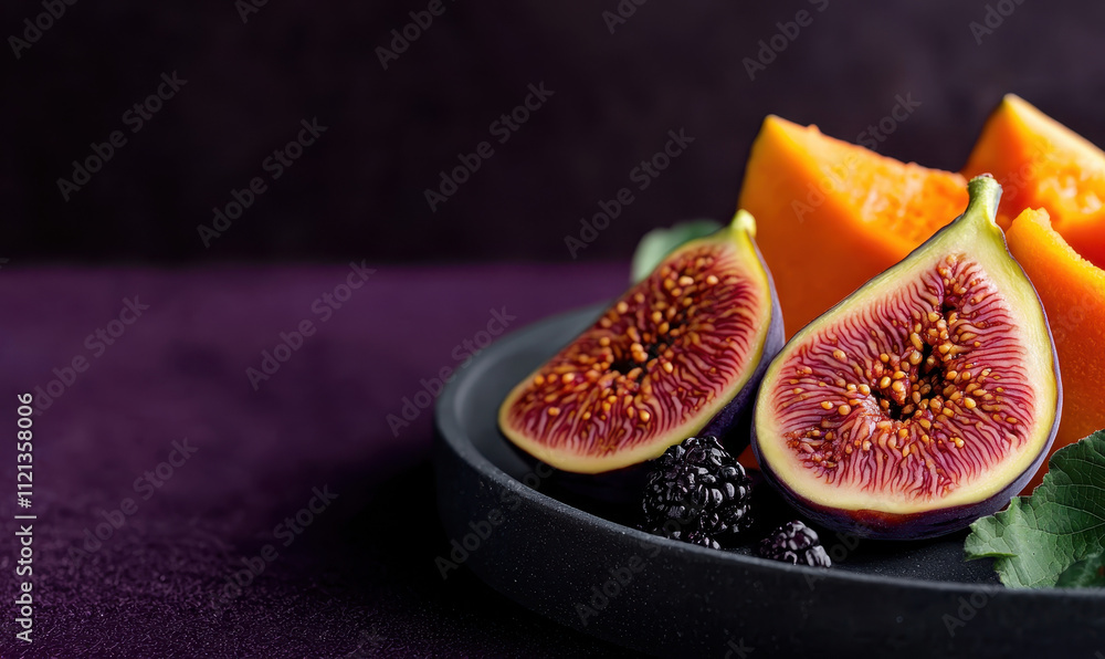 Vibrant Display of Fresh Figs, Melon, and Blackberries on a Dark Violet Background Vibrant Display of Fresh Figs, Melon, and Blackberries on a Dark Violet Background