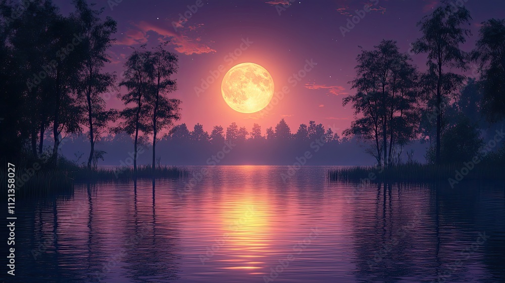 A purple sky and full moon shining over a lake, reflecting light and creating a tranquil scene with silhouetted trees A purple sky and full moon shining over a lake, reflecting light and creating a tranquil scene with silhouetted trees