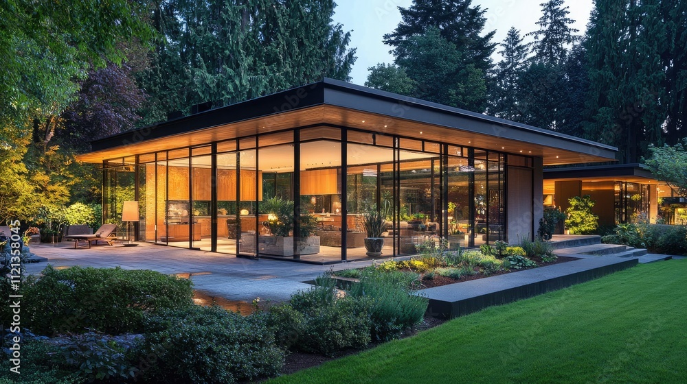 Modern home exterior with telescopic water brush cleaning large sliding glass doors, capturing reflections of the garden Modern home exterior with telescopic water brush cleaning large sliding glass doors, capturing reflections of the garden