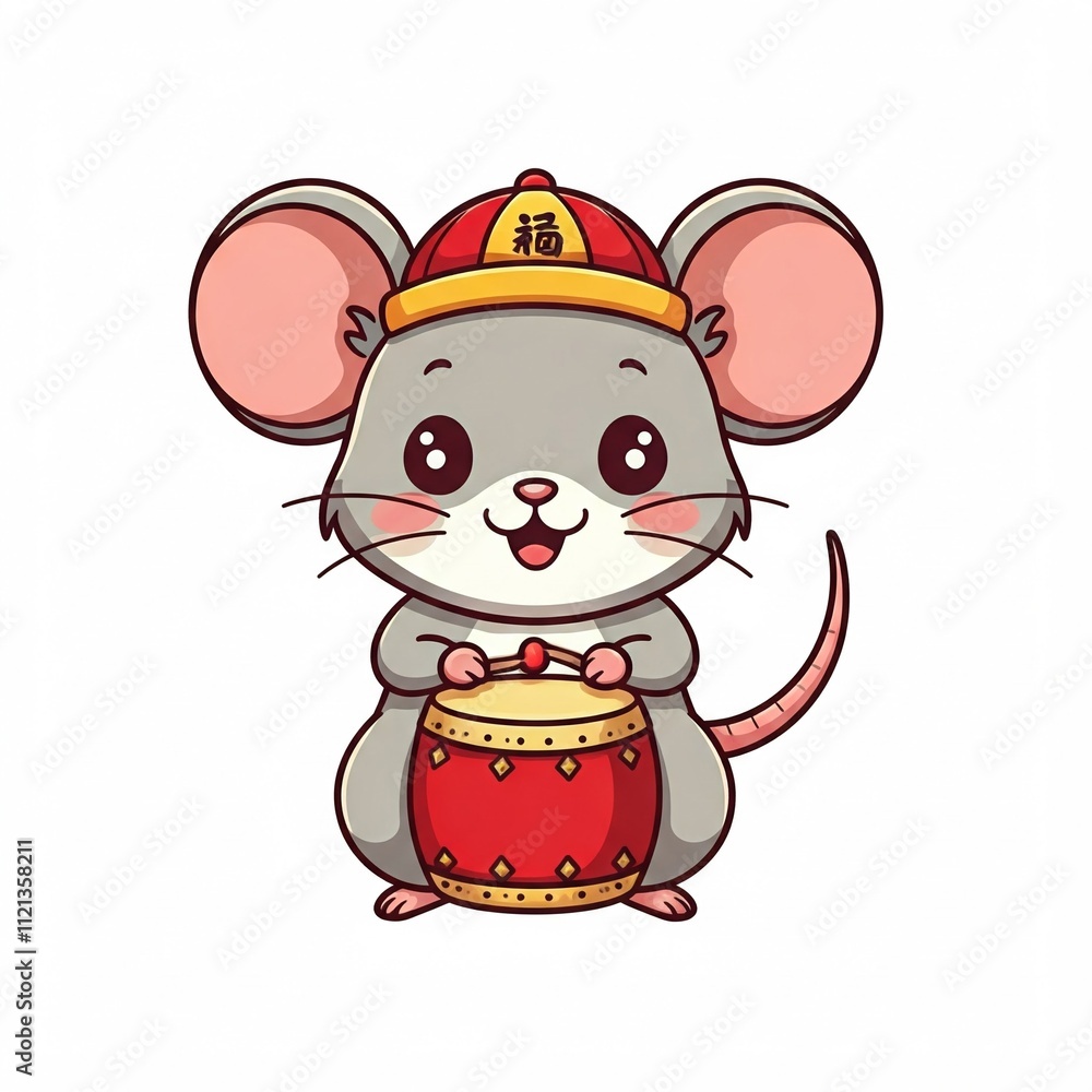 Chibi mouse with a tiny drum, celebrating the Chinese New Year. Sticker style, white background.
Chibi mouse with a tiny drum, celebrating the Chinese New Year. Sticker style, white background.