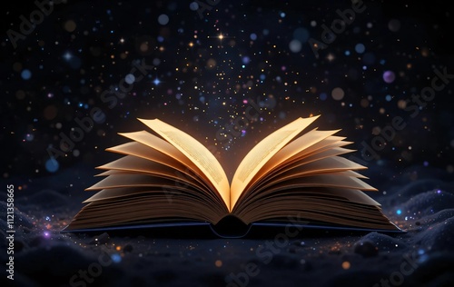 an open book with a glowing light coming out of it's pages and stars in the sky above it, on a black background with a black background of stars and a black background. Generative AI 