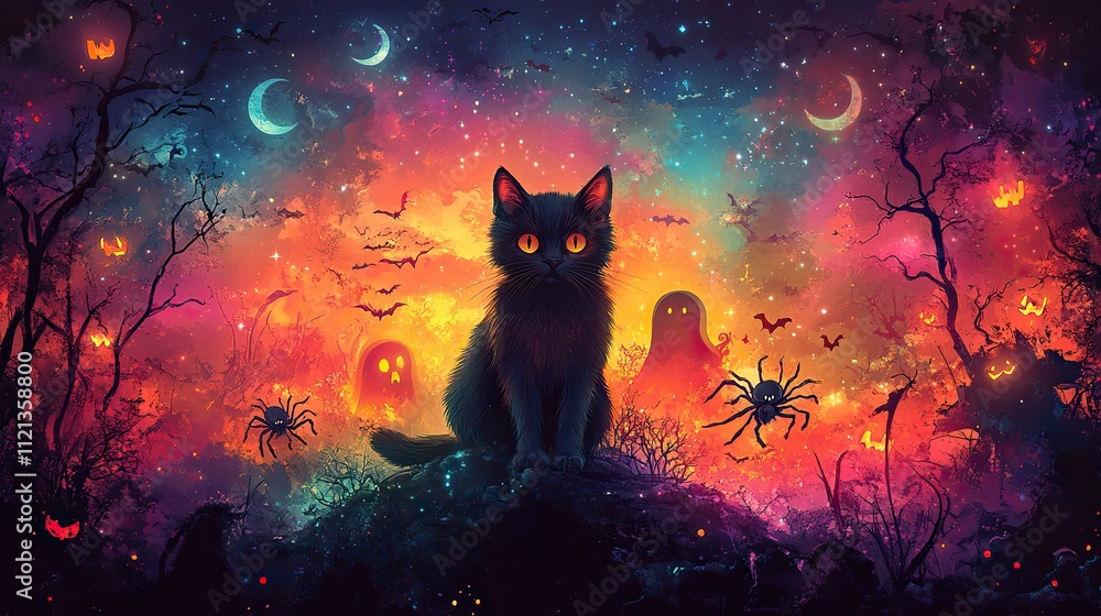 A rainbow-colored Halloween background features playful cats, spooky ghosts, creepy spiders, and other festive symbols A rainbow-colored Halloween background features playful cats, spooky ghosts, creepy spiders, and other festive symbols