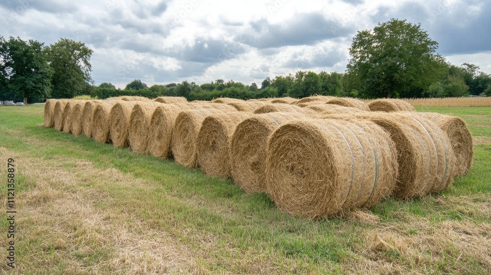 Rows of hay rolls lined up neatly in a picturesque meadow under a cloudy sky Rows of hay rolls lined up neatly in a picturesque meadow under a cloudy sky