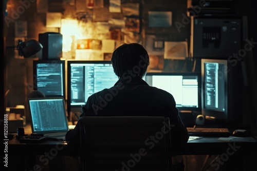 Silhouetted Figure Working on Multiple Monitors in a Dimly Lit Room