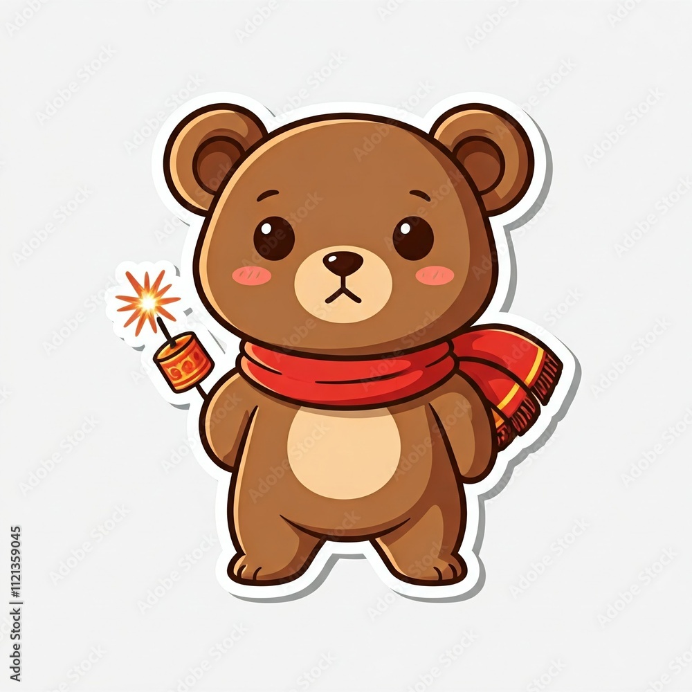 Chibi bear with a firecracker, wearing a red scarf, celebrating Lunar New Year. Sticker style, white background.
Chibi bear with a firecracker, wearing a red scarf, celebrating Lunar New Year. Sticker style, white background.
