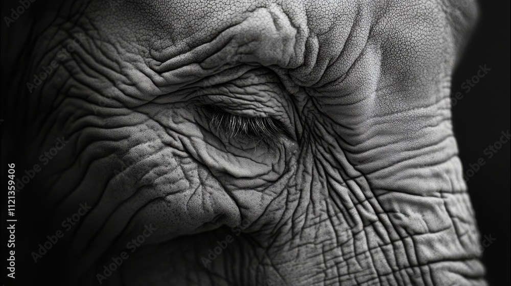 The textured skin of an elephant is captured in stunning detail, showcasing the deep, intricate wrinkles and gentle curve of its eye, exuding wisdom and grace. The textured skin of an elephant is captured in stunning detail, showcasing the deep, intricate wrinkles and gentle curve of its eye, exuding wisdom and grace.