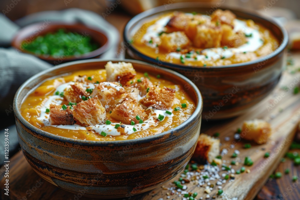 Rustic Butternut Squash Soup with Cream and Croutons Rustic Butternut Squash Soup with Cream and Croutons