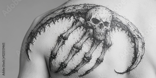 Intricate tattoo design featuring a skull and skeletal wings on a person\'s shoulder photo