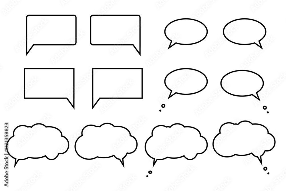 Obraz premium Set of black outlined speech and thought bubble icons on white background, perfect for comics, chat interfaces, or design elements. Icons, vector.