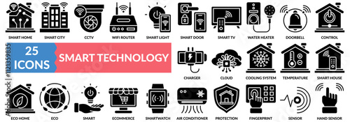 SMART TECHNOLOGY icon set with smart home, smart city, cctv, wifi router, light, smart door, doorbell, fingerprint scan, sensor, and others.