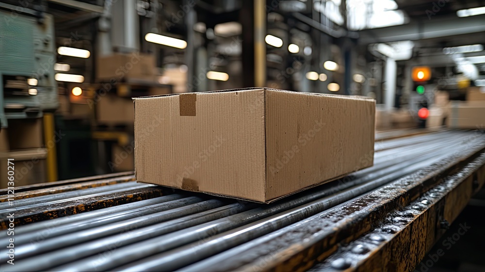 A recyclable cardboard box is transported on a conveyor belt, prepared for delivery to an online customer A recyclable cardboard box is transported on a conveyor belt, prepared for delivery to an online customer