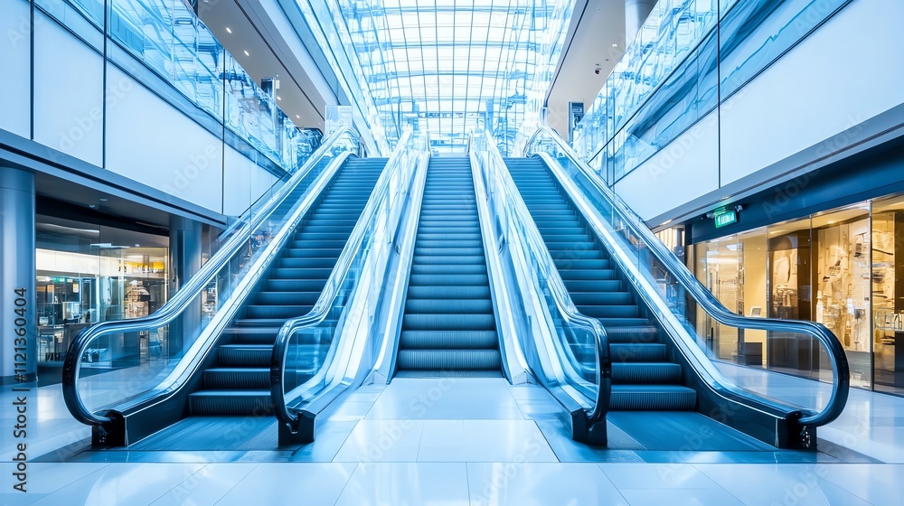 Fototapeta premium Two escalators in a modern shopping mall with a glass roof.