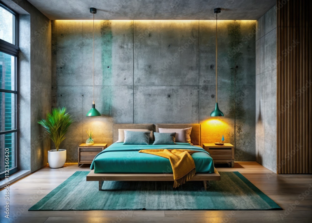 Low Light Japandi Bedroom: Concrete Wall, Vibrant Carpet, Minimalist Design Low Light Japandi Bedroom: Concrete Wall, Vibrant Carpet, Minimalist Design