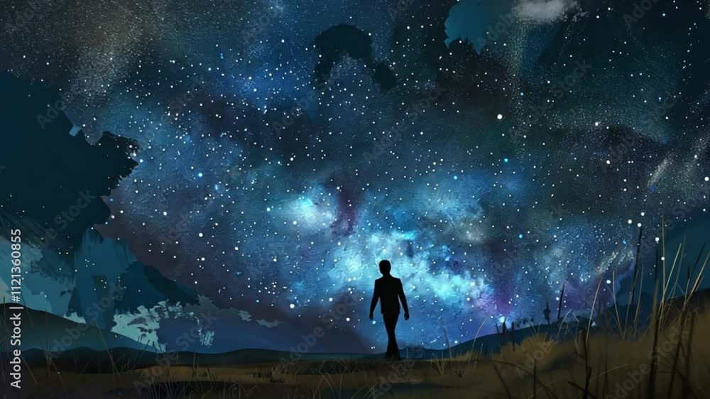 A lone figure stands against a breathtaking star-filled sky, evoking awe and wonder. A lone figure stands against a breathtaking star-filled sky, evoking awe and wonder.