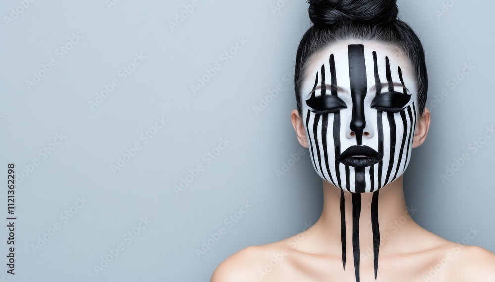 Model showcases intricate black and white face paint art against a simple grey background Model showcases intricate black and white face paint art against a simple grey background