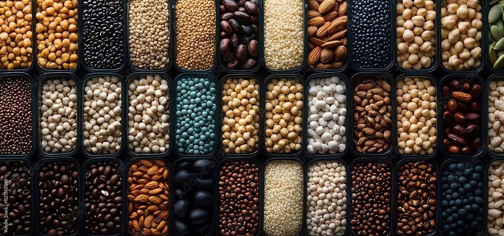 Assortment of various legumes and seeds in containers. Assortment of various legumes and seeds in containers.