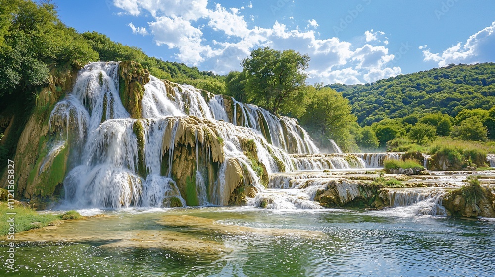 Obraz premium Serene cascading waterfall in lush green landscape under a bright sunny sky.