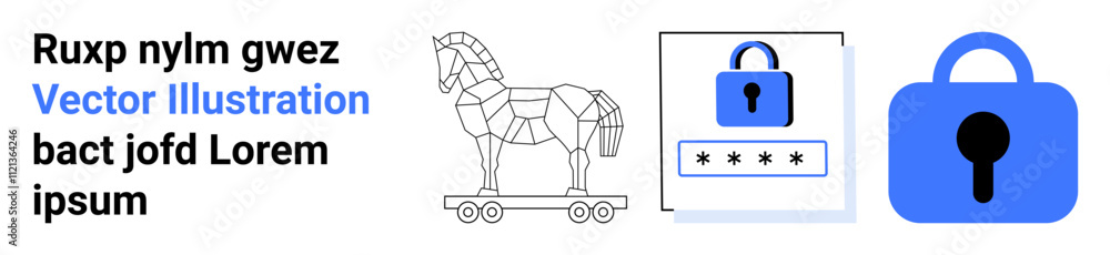 Trojan horse outline beside password input form with blue padlock and larger blue padlock symbolizing security elements. Ideal for data protection, IT security, cyber threats, online safety, software Trojan horse outline beside password input form with blue padlock and larger blue padlock symbolizing security elements. Ideal for data protection, IT security, cyber threats, online safety, software