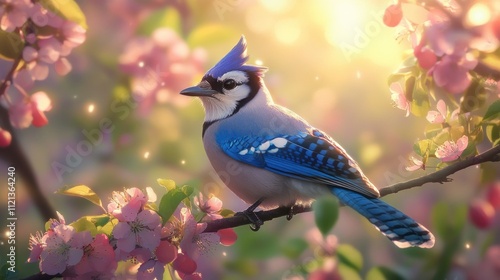 Blue Jay Perched on a Branch Amidst Blossoming Flowers