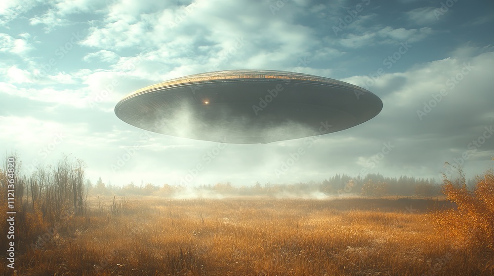 A saucer-shaped alien spacecraft hovering over a field, surrounded by clouds A saucer-shaped alien spacecraft hovering over a field, surrounded by clouds