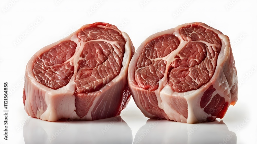 Two freshly cut raw boneless ribeye steaks isolated on white background
