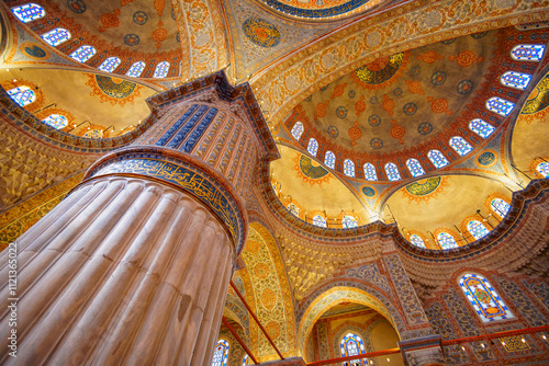 Canvas Print interior of mosque, ceiling, domes are painted with patterns, decorative windows