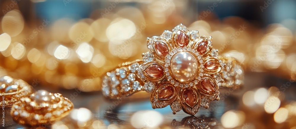 Close-up of a beautiful gold and pearl ring with pink gemstones. Close-up of a beautiful gold and pearl ring with pink gemstones.