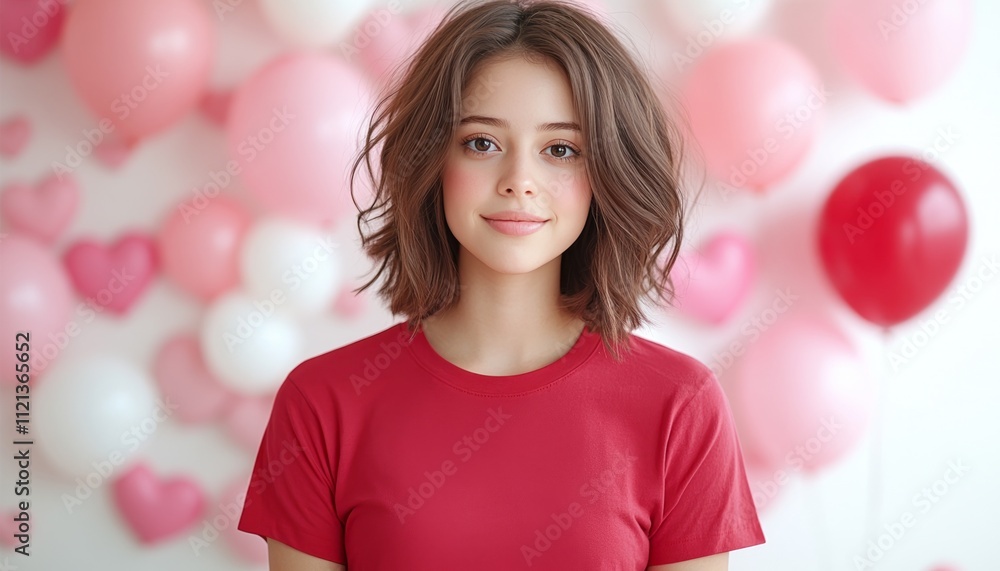 A girl with wavy hair in a red shirt smiles happily in front of festive balloons A girl with wavy hair in a red shirt smiles happily in front of festive balloons