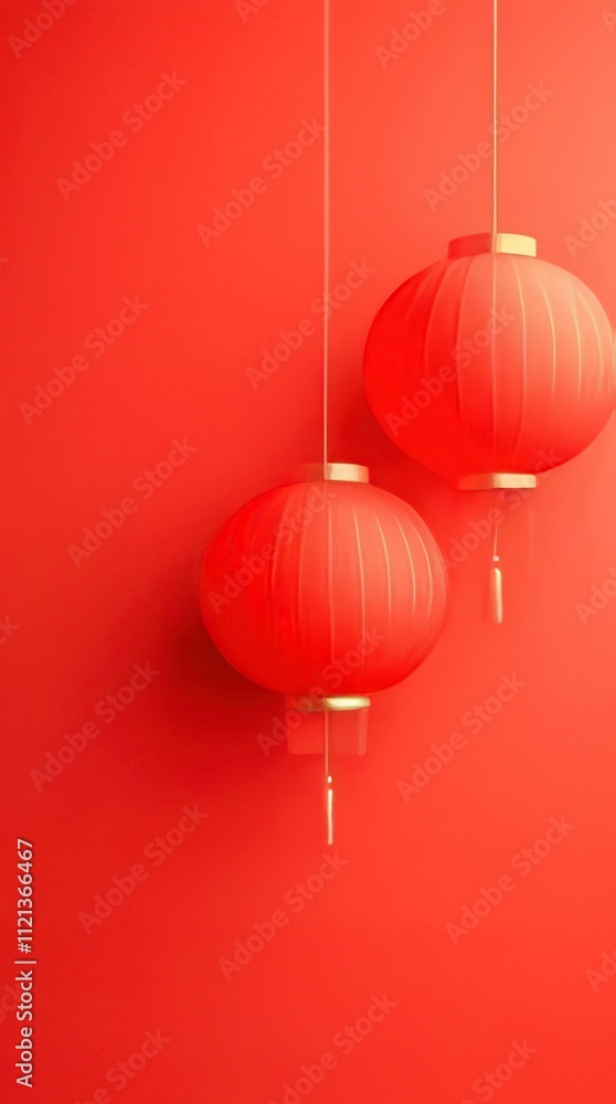 Two red Chinese lanterns hanging against a red background. Two red Chinese lanterns hanging against a red background.