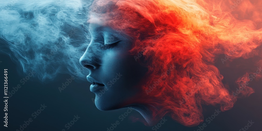 Ethereal glow of colored smoke enveloping a serene figure, blending vivid hues in a captivating artistic moment Ethereal glow of colored smoke enveloping a serene figure, blending vivid hues in a captivating artistic moment