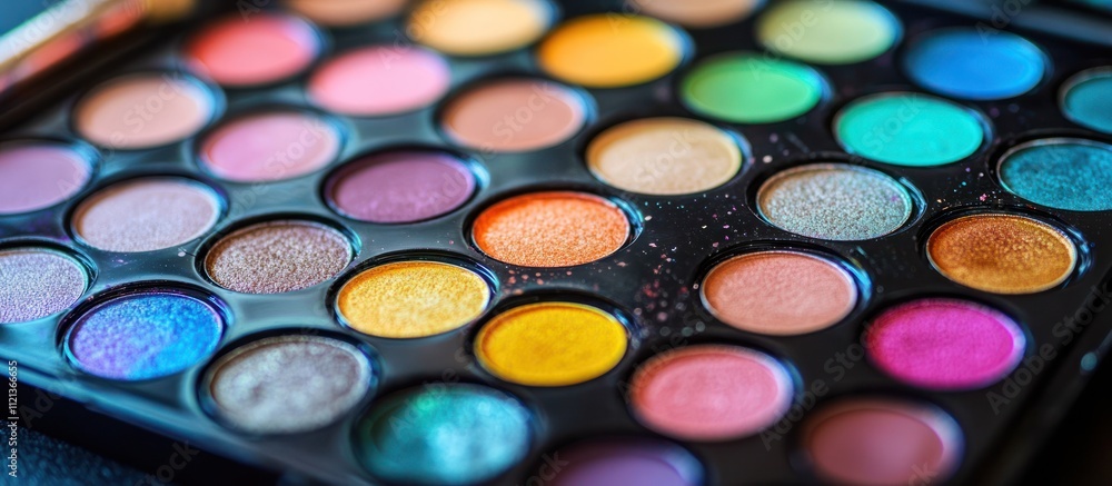 Close-up of a colorful eyeshadow palette with various shades of pink, blue, green, yellow, and orange. Close-up of a colorful eyeshadow palette with various shades of pink, blue, green, yellow, and orange.