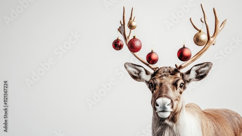 Reindeer with Christmas ornaments on antlers photo