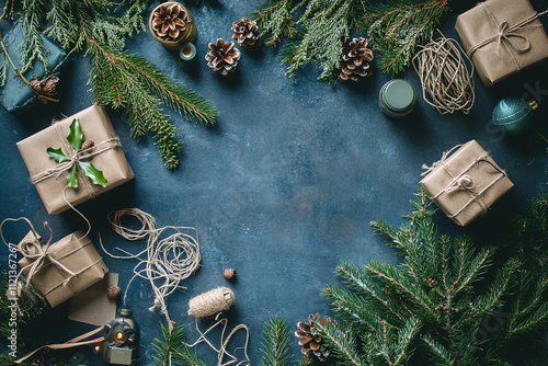 Merry Christmas Celebration: Festive Gifts, Decorations, and Ornaments on Blue Table for Social Media Post or Banner Template