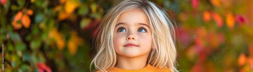 Young child gazes upwards, surrounded by colorful autumn leaves on a sunny day Young child gazes upwards, surrounded by colorful autumn leaves on a sunny day