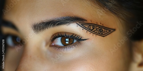 Unique tribal tattoo design elegantly placed near the eye of a young woman showcasing cultural artistry photo