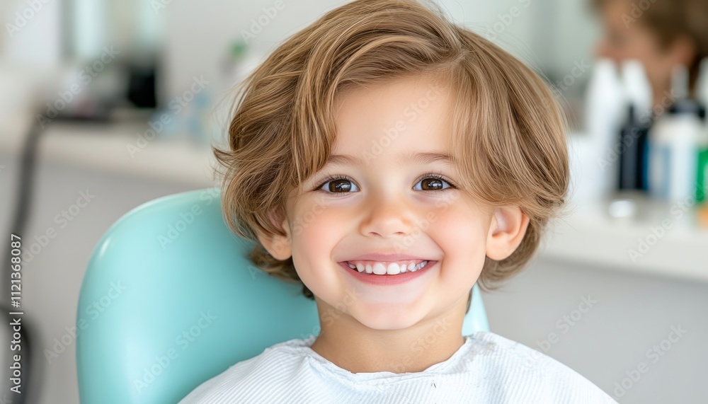 A young boy is sitting in a barbershop chair, smiling after getting a haircut A young boy is sitting in a barbershop chair, smiling after getting a haircut