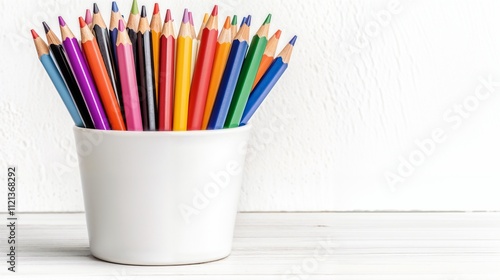 Realistic photo, assortment of colored pencils and markers arranged in a cup on a desk, bright and cheerful background, soft natural light, creative and vibrant composition, school supplies photo