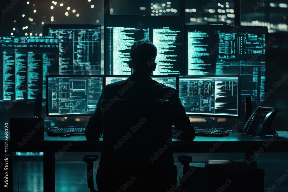 Silhouetted Figure Working at a Desk with Multiple Monitors Displaying Code Silhouetted Figure Working at a Desk with Multiple Monitors Displaying Code