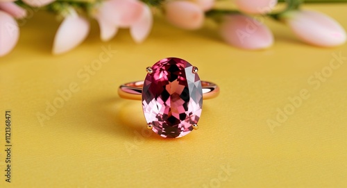 Oval pink tourmaline bright rose glow smooth polish on a yellow background