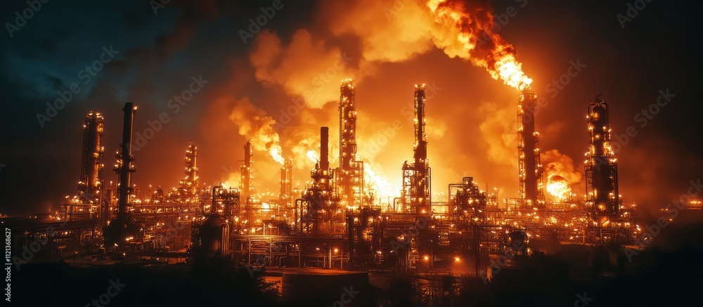 A night view of a refinery with flames and smoke in the air.