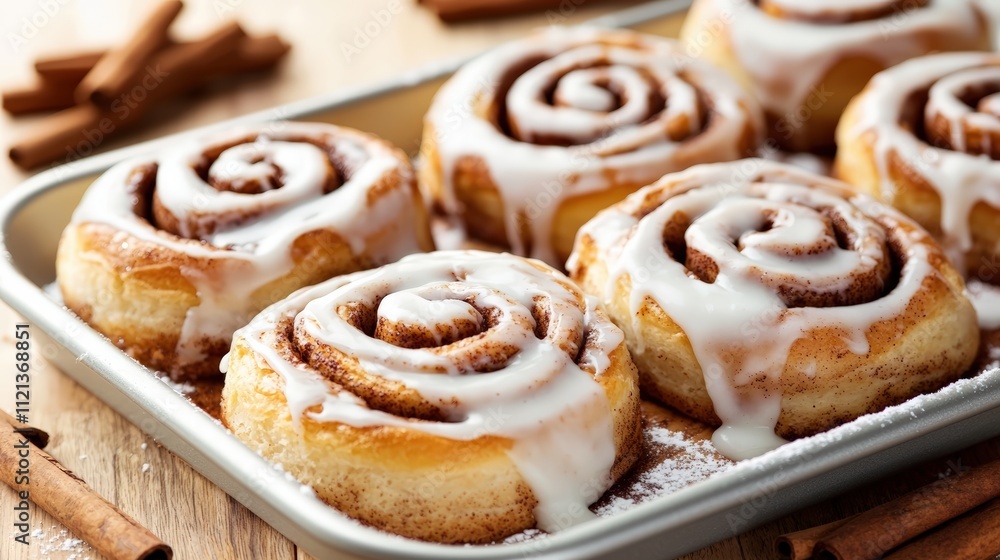 Fototapeta premium Delicious cinnamon rolls topped with icing