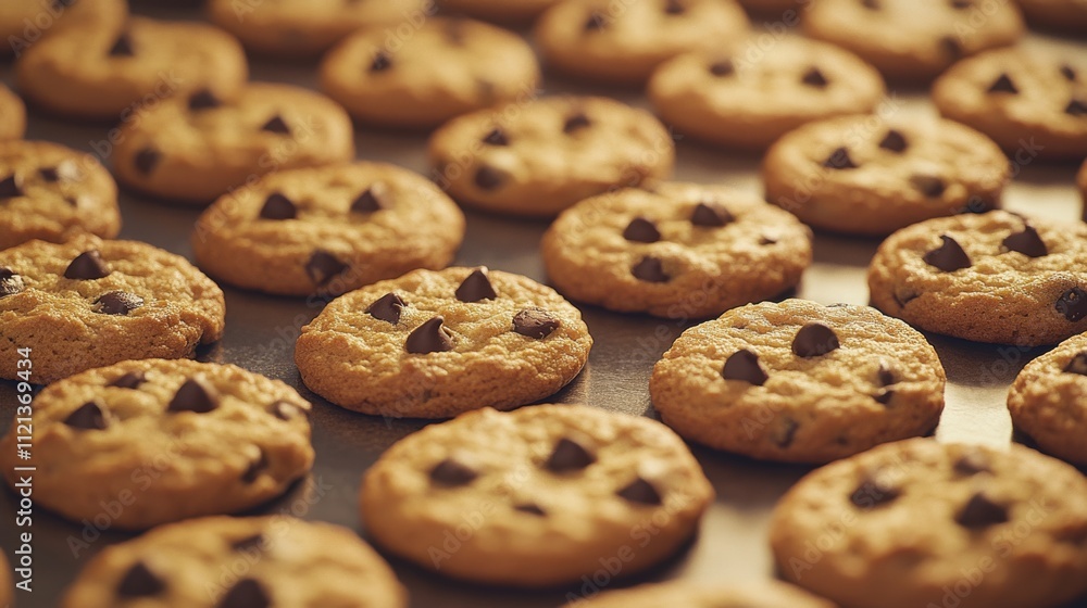 Freshly baked chocolate chip cookies are perfectly aligned on a baking tray, inviting sweet temptation. Freshly baked chocolate chip cookies are perfectly aligned on a baking tray, inviting sweet temptation.