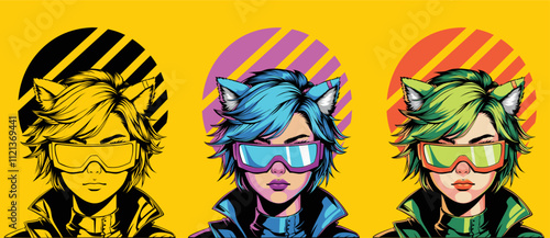 Cyberpunk Female Portrait striking blue hair, cat ears, and reflective high-tech glasses. Design Vector Art