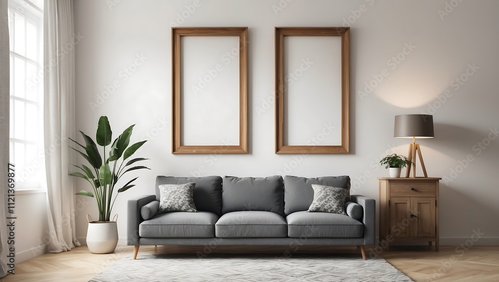 Mockup frame in scandinavian interior with blue sofa and pillows. 3d illustration. Mockup frame in scandinavian interior with blue sofa and pillows. 3d illustration.