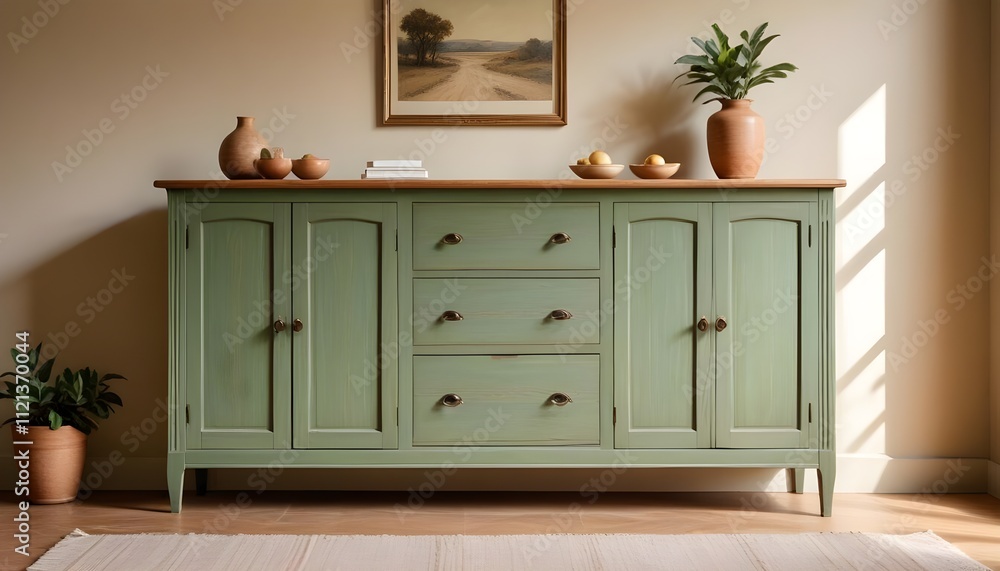 Wood sideboard in green living room with copy space Wood sideboard in green living room with copy space