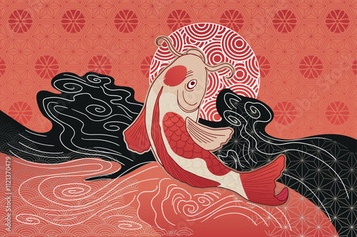 abstract illustration fish koi in minimalistic asian style, with ornaments and waves