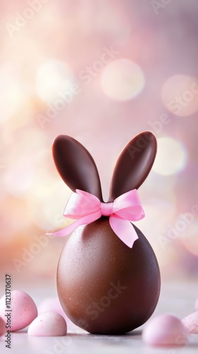 Chocolate Easter egg with pink ribbon and ears