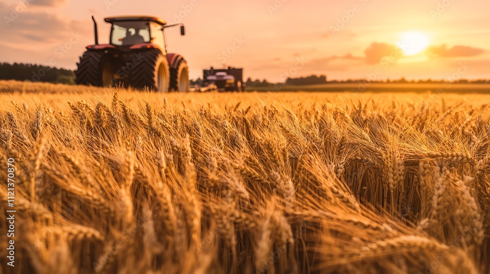 Fototapeta premium Golden wheat field under a sunset sky.
