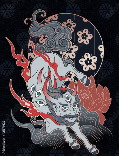 abstract illustration mythological creature Hakutaku, chimerical beasts, white ox in minimalist asian style, with ornaments and waves